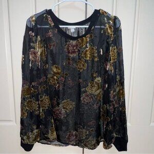 A New Day Sheer Velvet Floral Long Sleeve Blouse Size Large